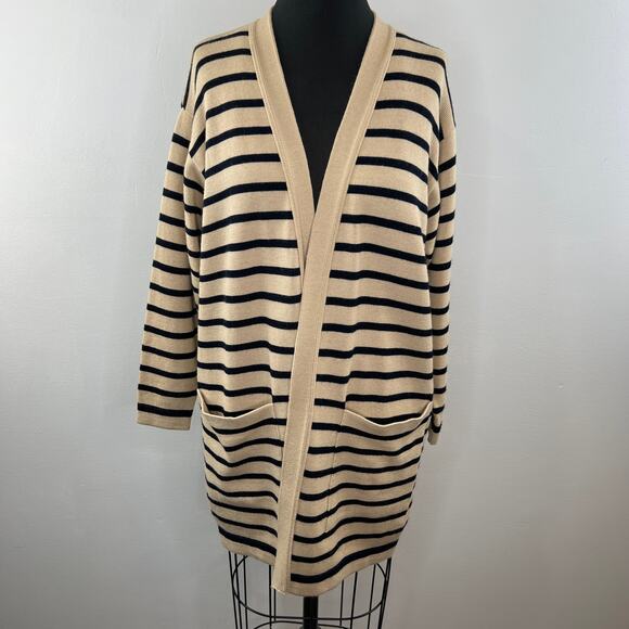 Rodier France Tan Black Stripe Long Sleeve Open Front Woven Cardigan Sweater - Picture 2 of 7